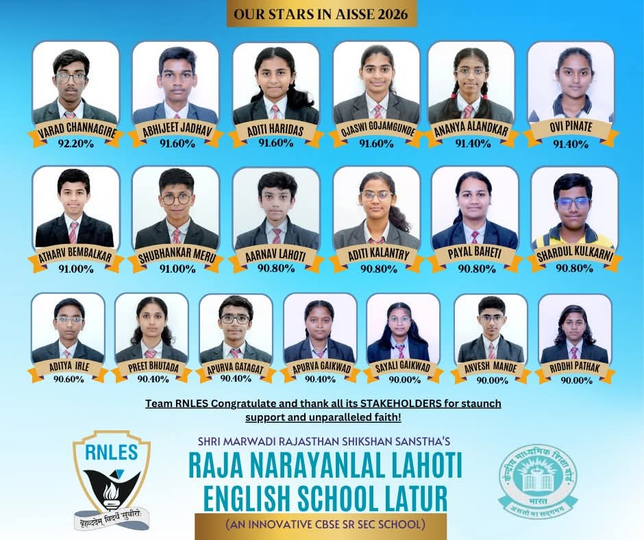 लातूरच्या राजा नारायणलाल लाहोटी स्कूलची सीबीएसई परीक्षेत गरुडझेप; १००% निकालाची परंपरा कायम!