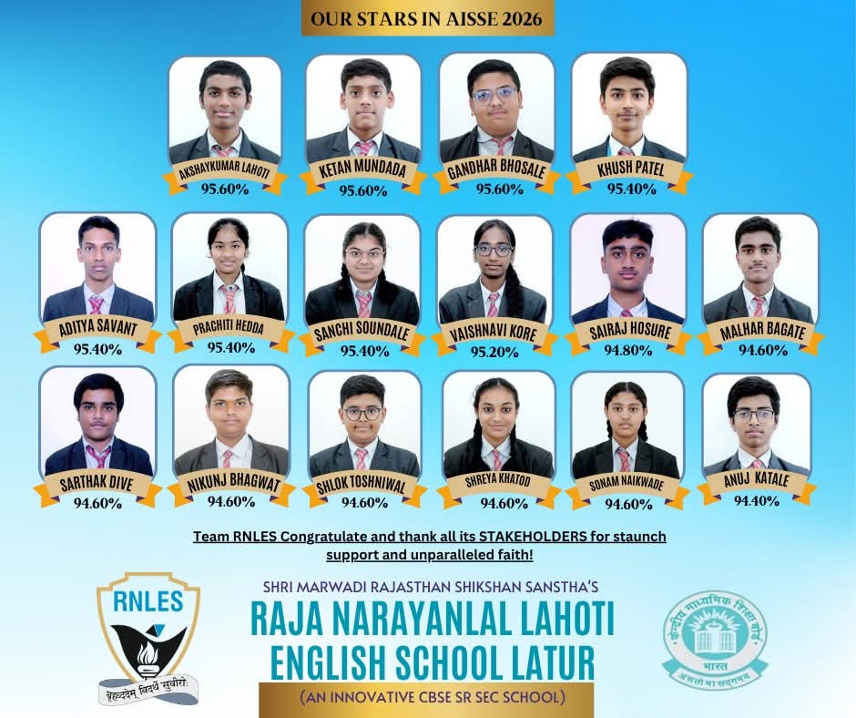 लातूरच्या राजा नारायणलाल लाहोटी स्कूलची सीबीएसई परीक्षेत गरुडझेप; १००% निकालाची परंपरा कायम!