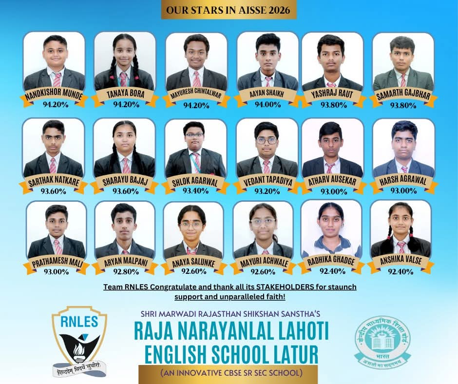 लातूरच्या राजा नारायणलाल लाहोटी स्कूलची सीबीएसई परीक्षेत गरुडझेप; १००% निकालाची परंपरा कायम!