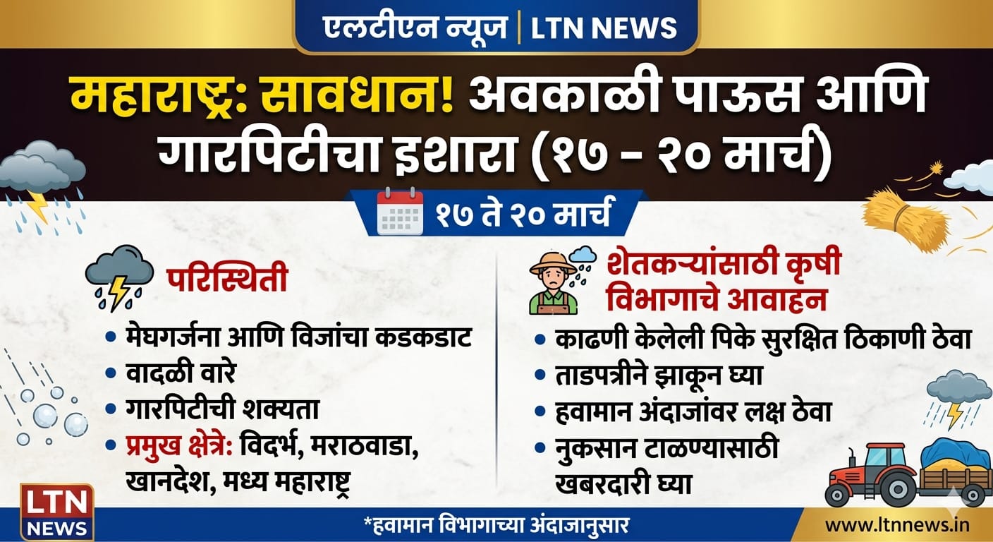 राज्यात १७ ते २० मार्च दरम्यान मेघगर्जनेसह वादळी पावसाचा इशारा; शेतकऱ्यांनो सावधान!